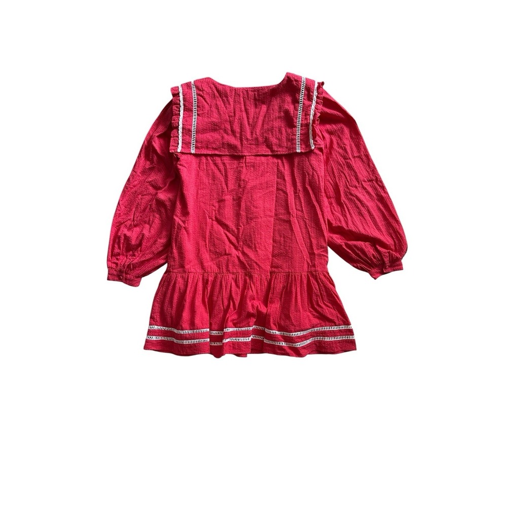 Neon Rose Mini Dress Size Small Red Sailor Collar Ruffle Bow Crochet Seersucker - Picture 9 of 9